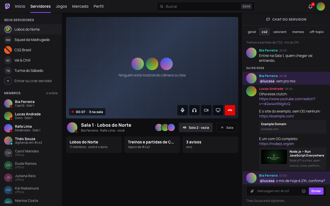 Janela do Gamerfy no servidor Lobos do Norte: os servidores e os membros à esquerda, a Sala 1 ao vivo com três pessoas ao centro e o chat do #cs2 à direita.