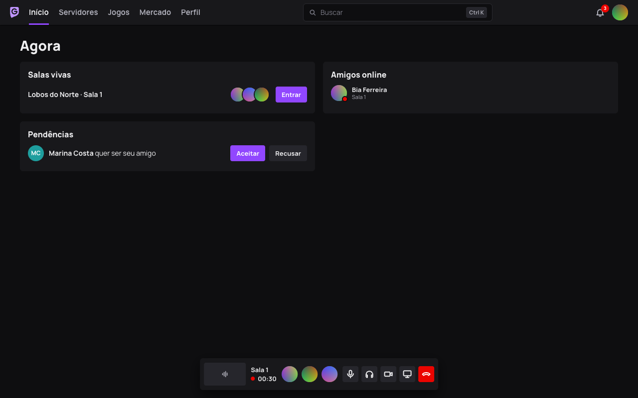 A tela Agora do Gamerfy: a Sala 1 do Lobos do Norte viva com três pessoas, uma amiga online e um pedido de amizade para aceitar, com a chamada em andamento no rodapé.
